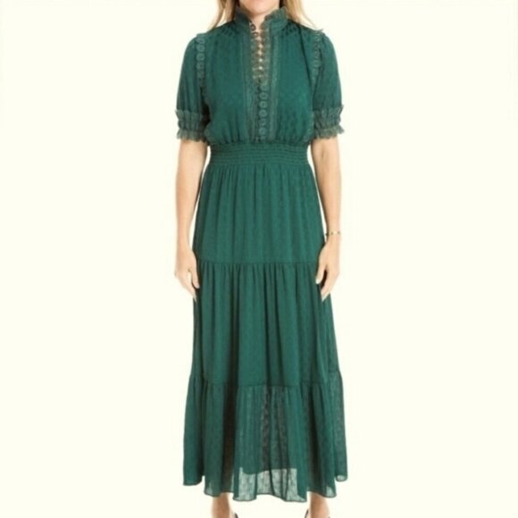 Max Studio Emerald Green Jacquard Polka Dot Maxi Dress with Lace Trim, Size L - Picture 1 of 16
